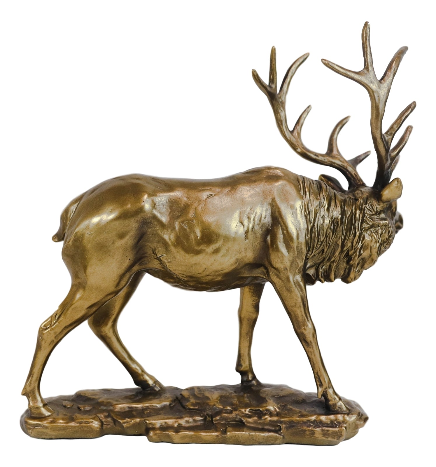 Large Wapiti Bull Elk Deer with Towering Antlers Rustic Statue in Gold Patina