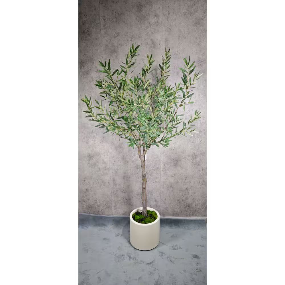 6.5 Ft. Artificial Olive Tree in White Decor Pot, Faux Green Plant Indoor Home Decorative Planter