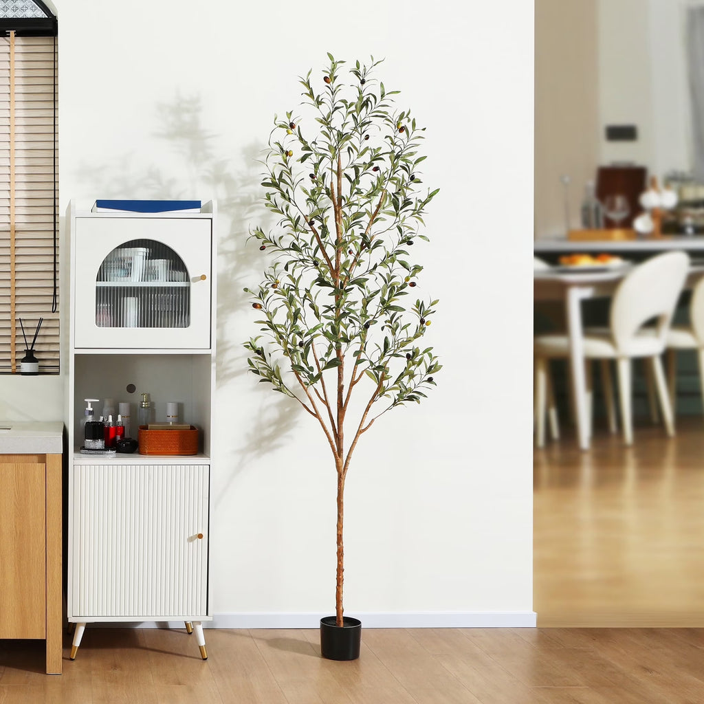 7 Ft Artificial Olive Plants with Realistic Leaves and Natural Trunk, Silk Fake Olive Tree in Black Plastic Pot, Faux Olive Tree for Office Home