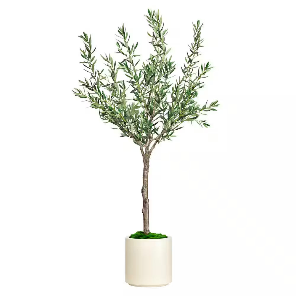 6.5 Ft. Artificial Olive Tree in White Decor Pot, Faux Green Plant Indoor Home Decorative Planter