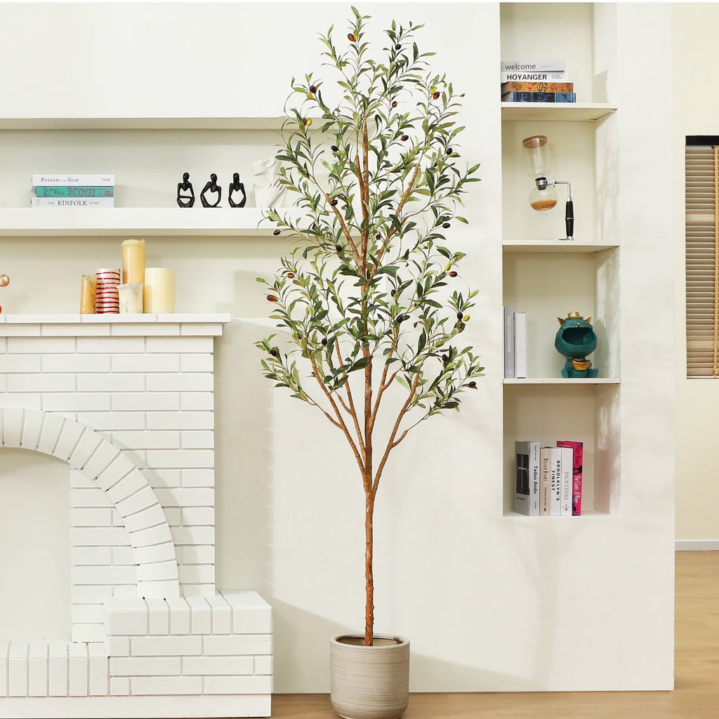 7 Ft Artificial Olive Plants with Realistic Leaves and Natural Trunk, Silk Fake Olive Tree in Black Plastic Pot, Faux Olive Tree for Office Home