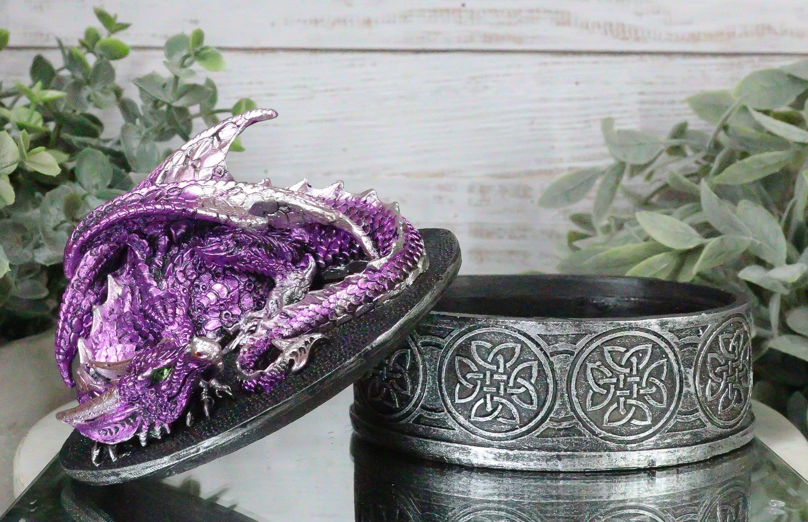 Sleeping Purple Dragon Oval Trinket Jewelry Box Figurine with Celtic Knotwork
