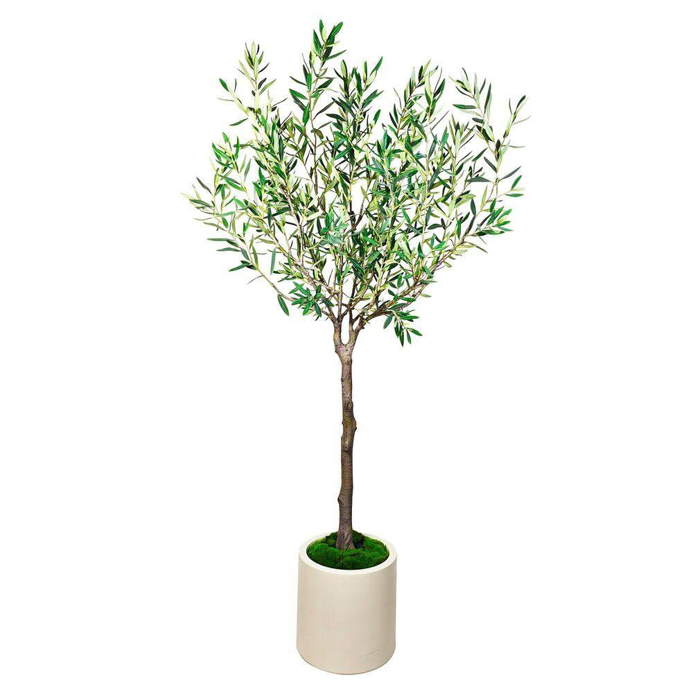 6.5 Ft. Artificial Olive Tree in White Decor Pot, Faux Green Plant Indoor Home Decorative Planter