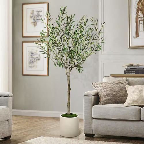 6.5 Ft. Artificial Olive Tree in White Decor Pot, Faux Green Plant Indoor Home Decorative Planter