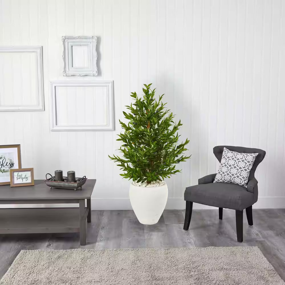 Indoor/Outdoor 3.5-Ft. Olive Cone Topiary Artificial Tree in White Planter