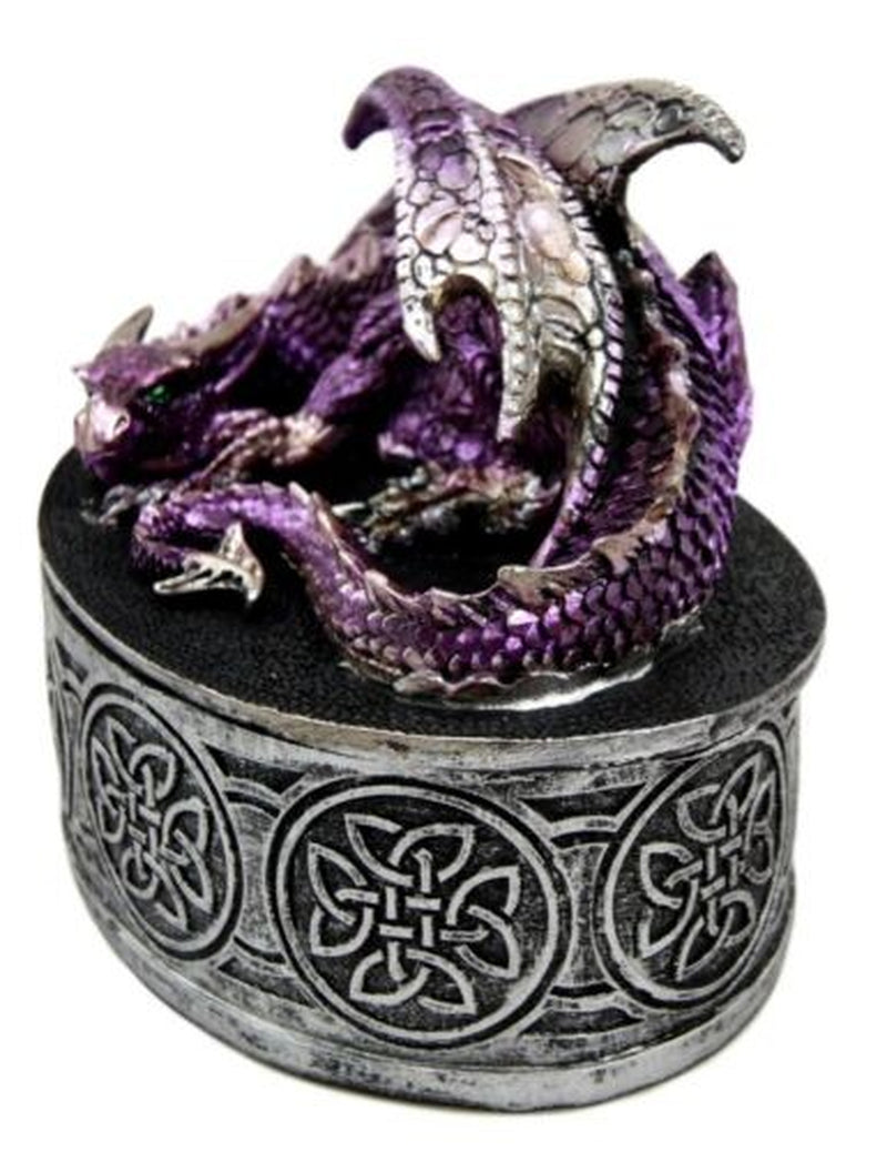 Sleeping Purple Dragon Oval Trinket Jewelry Box Figurine with Celtic Knotwork