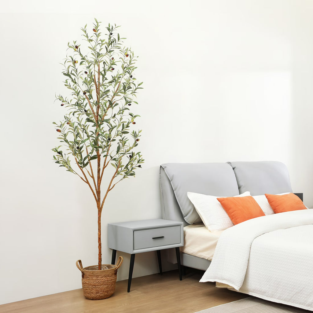 7 Ft Artificial Olive Plants with Realistic Leaves and Natural Trunk, Silk Fake Olive Tree in Black Plastic Pot, Faux Olive Tree for Office Home
