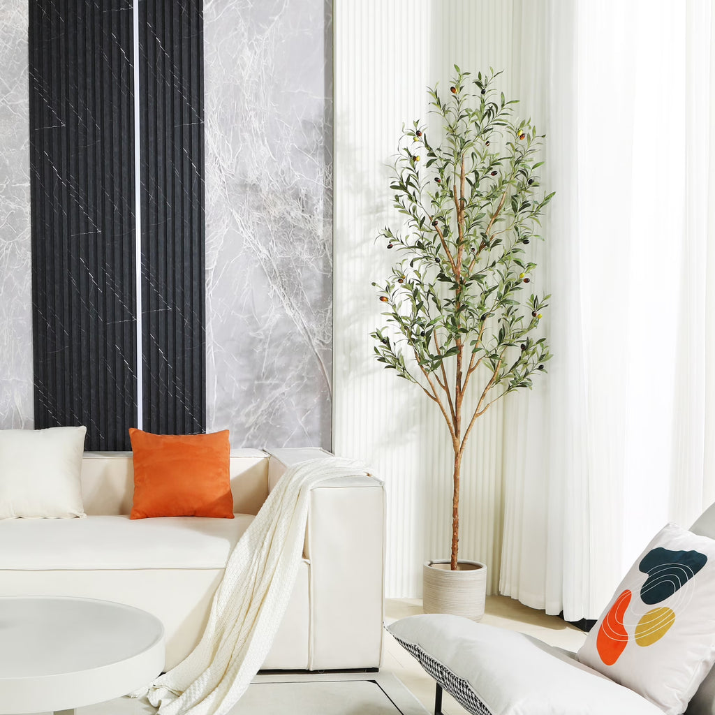 7 Ft Artificial Olive Plants with Realistic Leaves and Natural Trunk, Silk Fake Olive Tree in Black Plastic Pot, Faux Olive Tree for Office Home