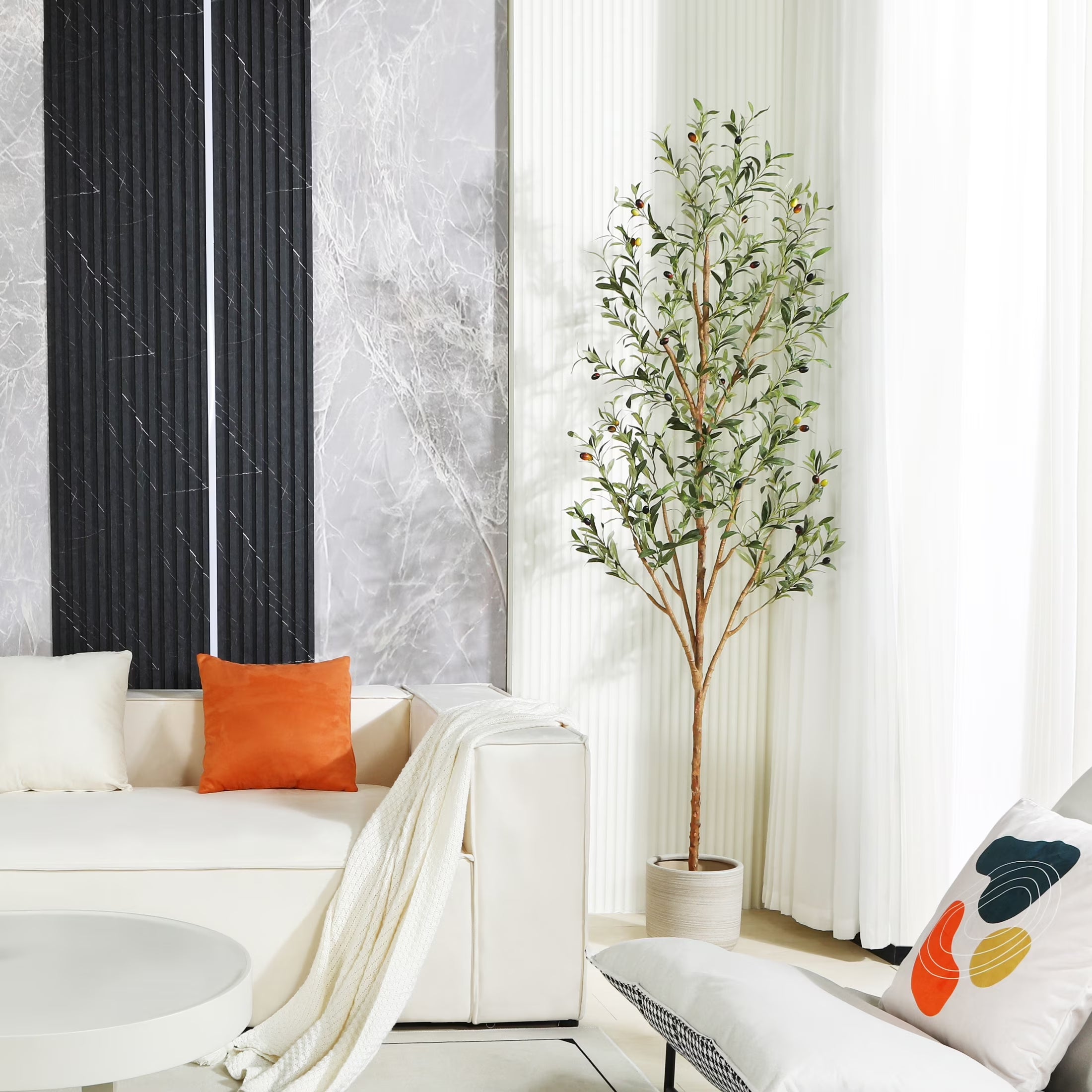 7 Ft Artificial Olive Plants with Realistic Leaves and Natural Trunk, Silk Fake Olive Tree in Black Plastic Pot, Faux Olive Tree for Office Home