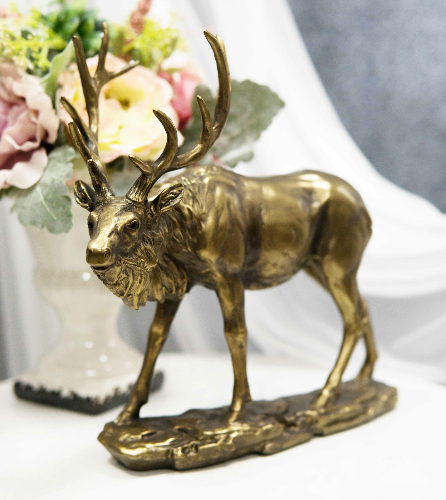 Large Wapiti Bull Elk Deer with Towering Antlers Rustic Statue in Gold Patina