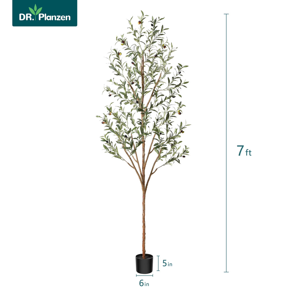 7 Ft Artificial Olive Plants with Realistic Leaves and Natural Trunk, Silk Fake Olive Tree in Black Plastic Pot, Faux Olive Tree for Office Home