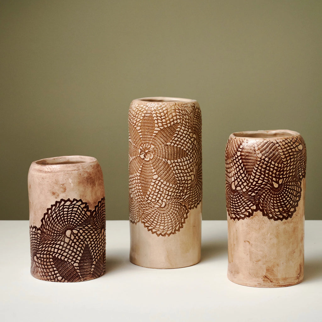 Handmade Lace Print Ceramic Vase Set: Rustic Farmhouse Decor