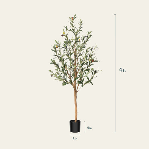 4Ft Artificial Olive Tree Indoor, Faux Olive Tree, Artificial Plants with Natural Wood Trunk and Lifelike Fruits for Home Office Decor