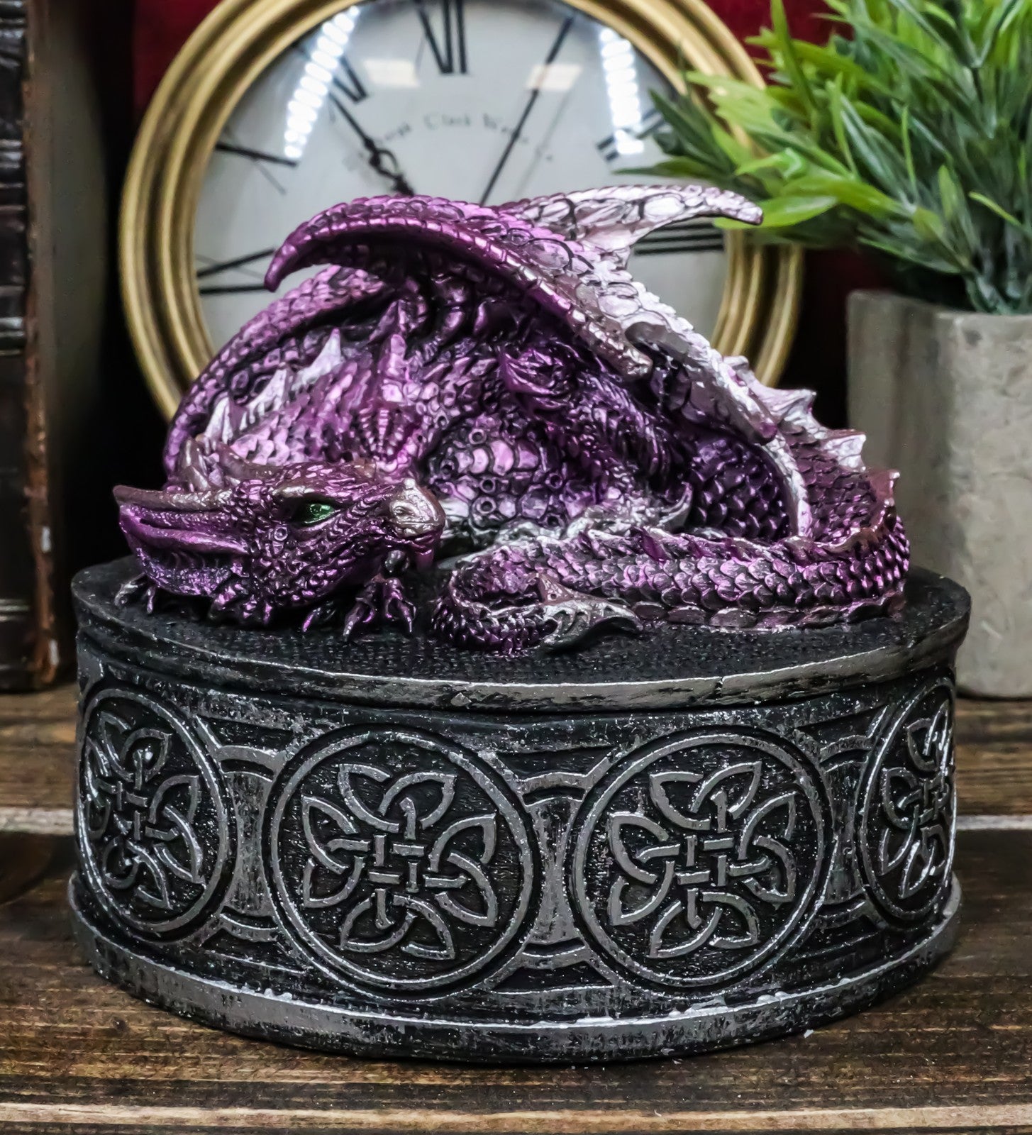 Sleeping Purple Dragon Oval Trinket Jewelry Box Figurine with Celtic Knotwork