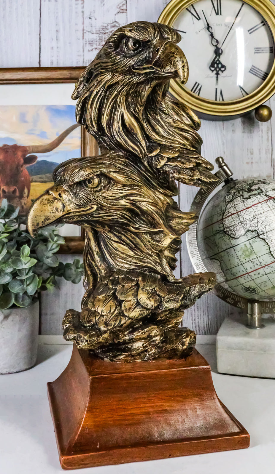 Patriotic Rustic American Bald Eagles Head Bust Figurine with Faux Wood Stand