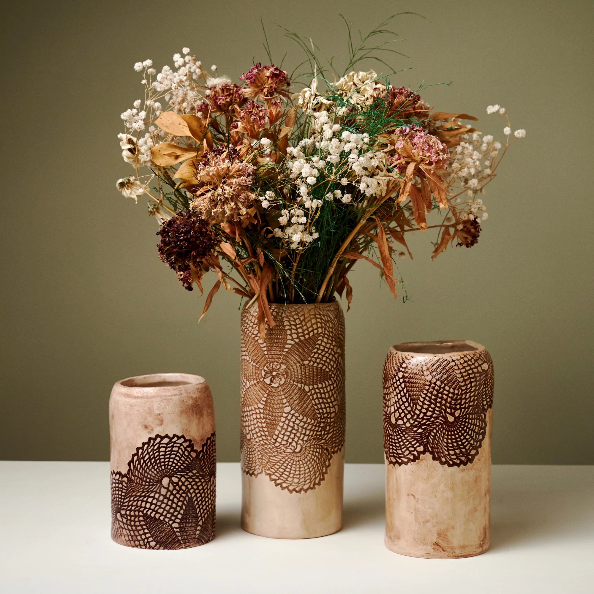 Handmade Lace Print Ceramic Vase Set: Rustic Farmhouse Decor