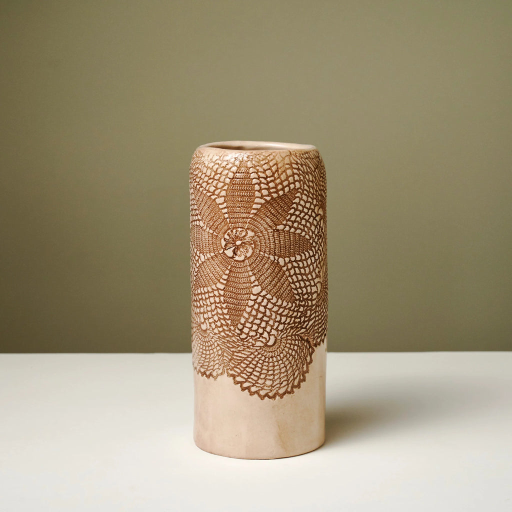 Handmade Lace Print Ceramic Vase Set: Rustic Farmhouse Decor