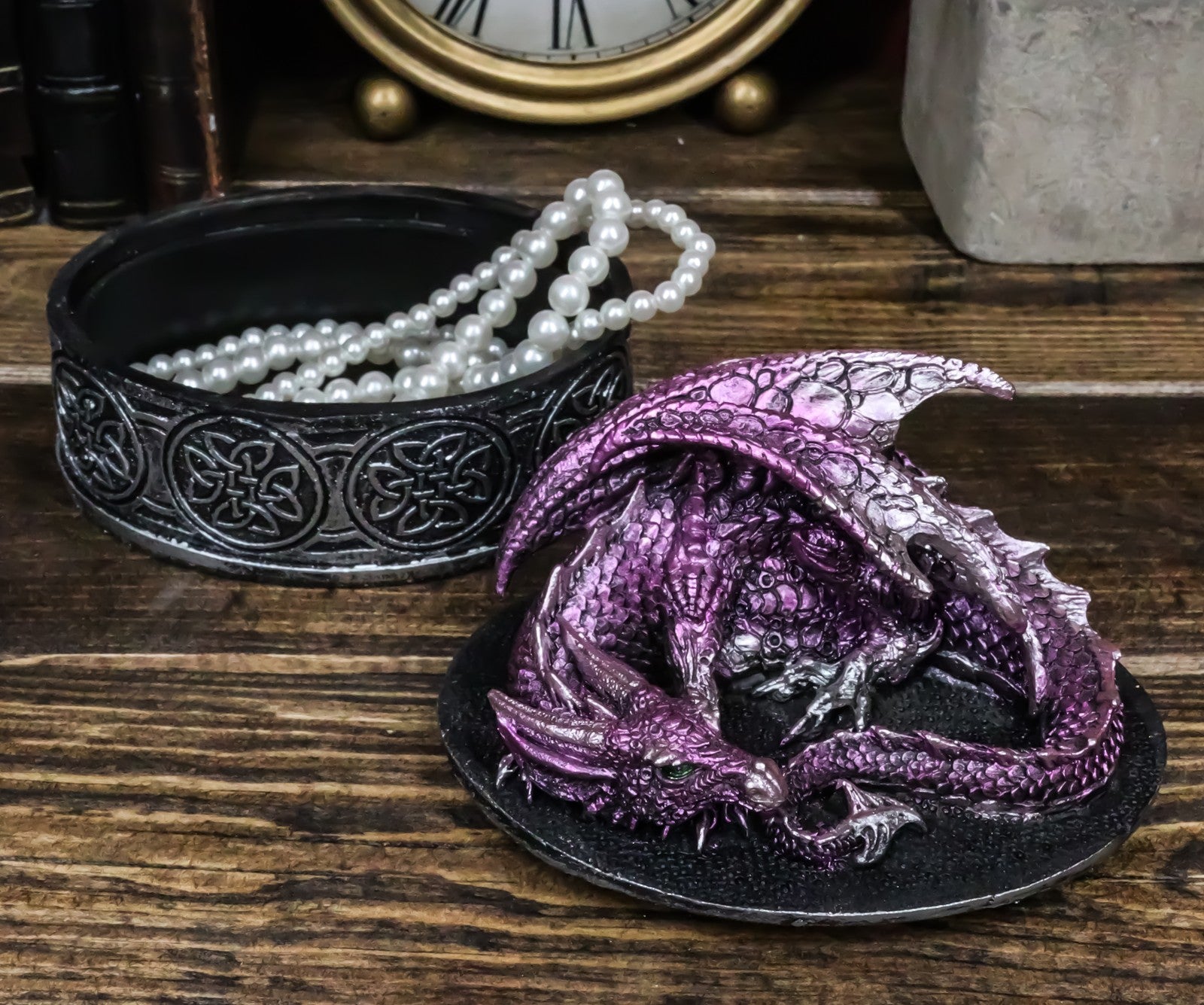 Sleeping Purple Dragon Oval Trinket Jewelry Box Figurine with Celtic Knotwork