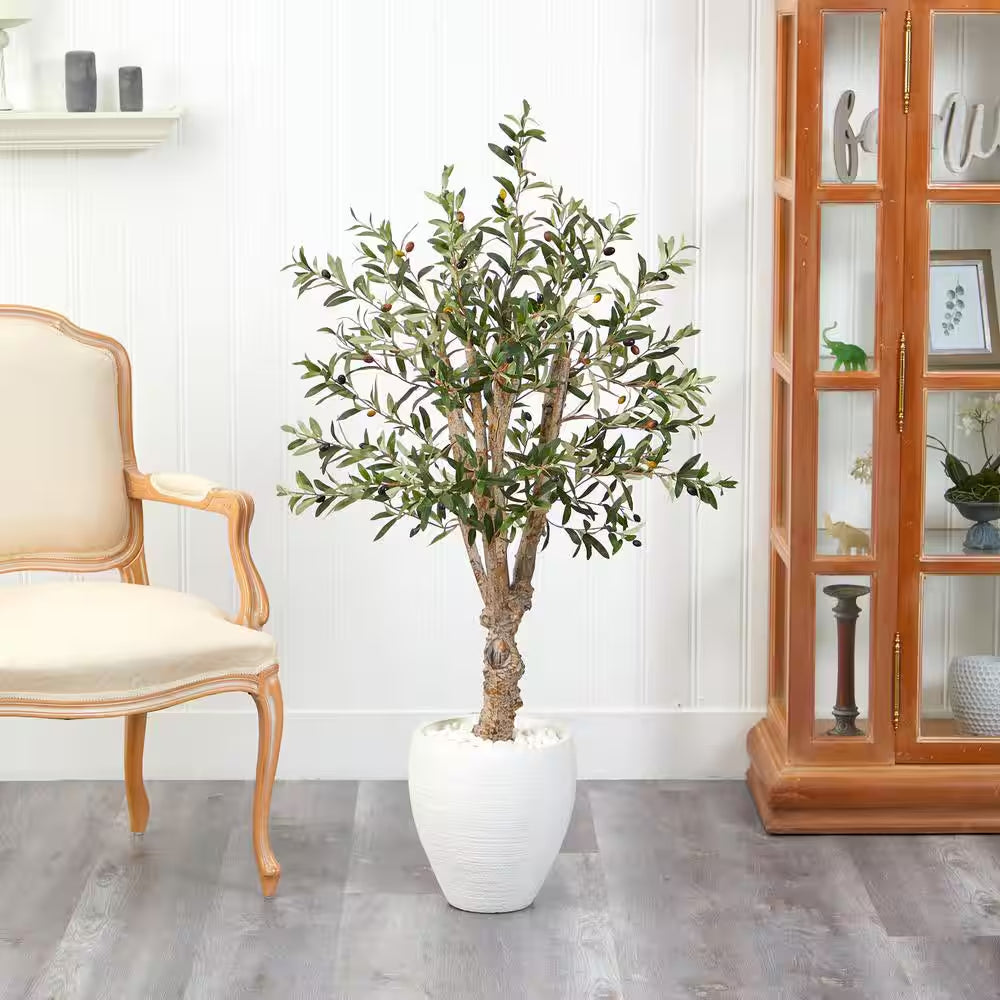 53 In. Olive Artificial Tree in White Planter
