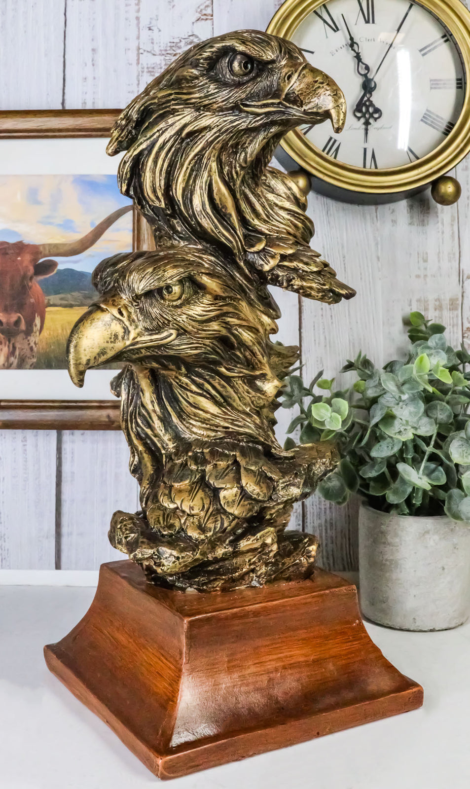 Patriotic Rustic American Bald Eagles Head Bust Figurine with Faux Wood Stand