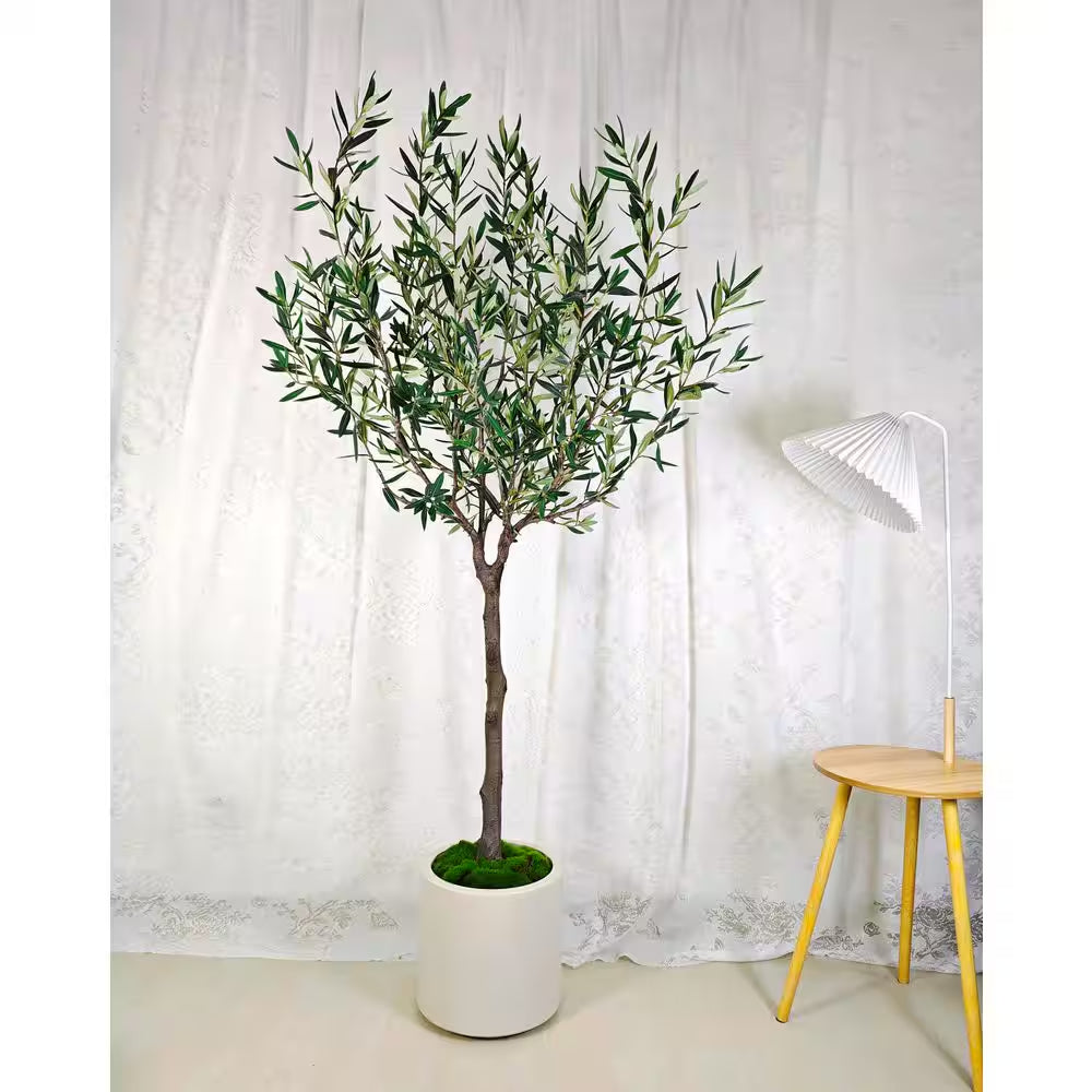 6.5 Ft. Artificial Olive Tree in White Decor Pot, Faux Green Plant Indoor Home Decorative Planter