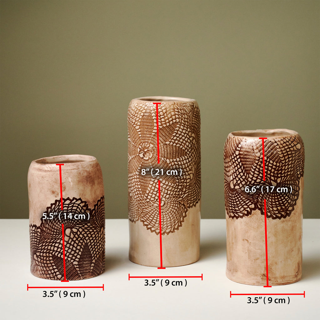 Handmade Lace Print Ceramic Vase Set: Rustic Farmhouse Decor
