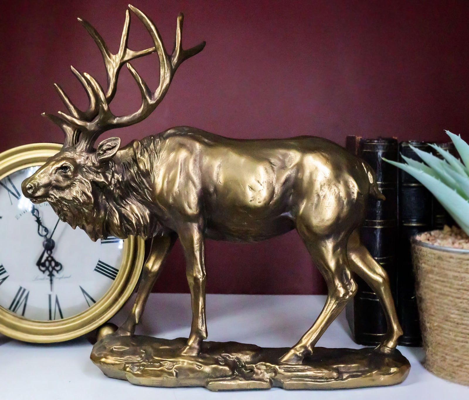 Large Wapiti Bull Elk Deer with Towering Antlers Rustic Statue in Gold Patina