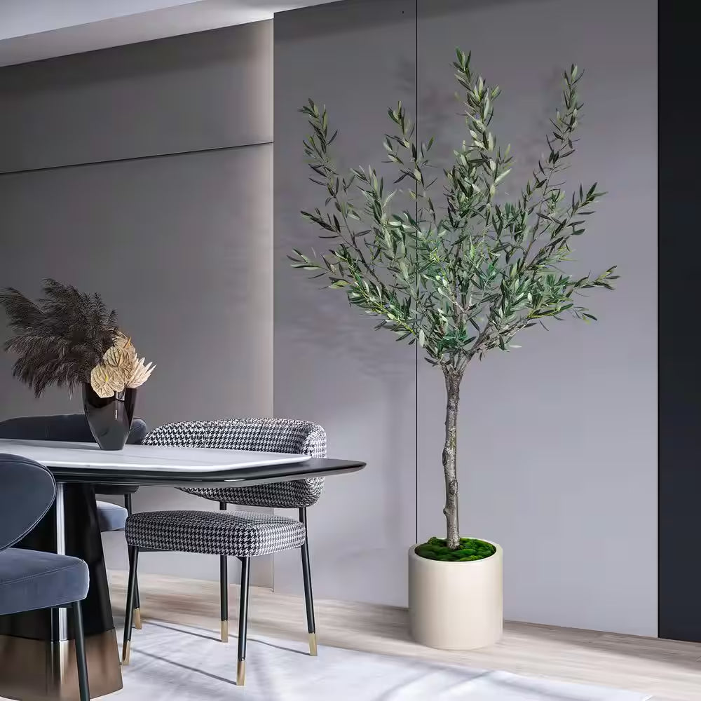 6.5 Ft. Artificial Olive Tree in White Decor Pot, Faux Green Plant Indoor Home Decorative Planter